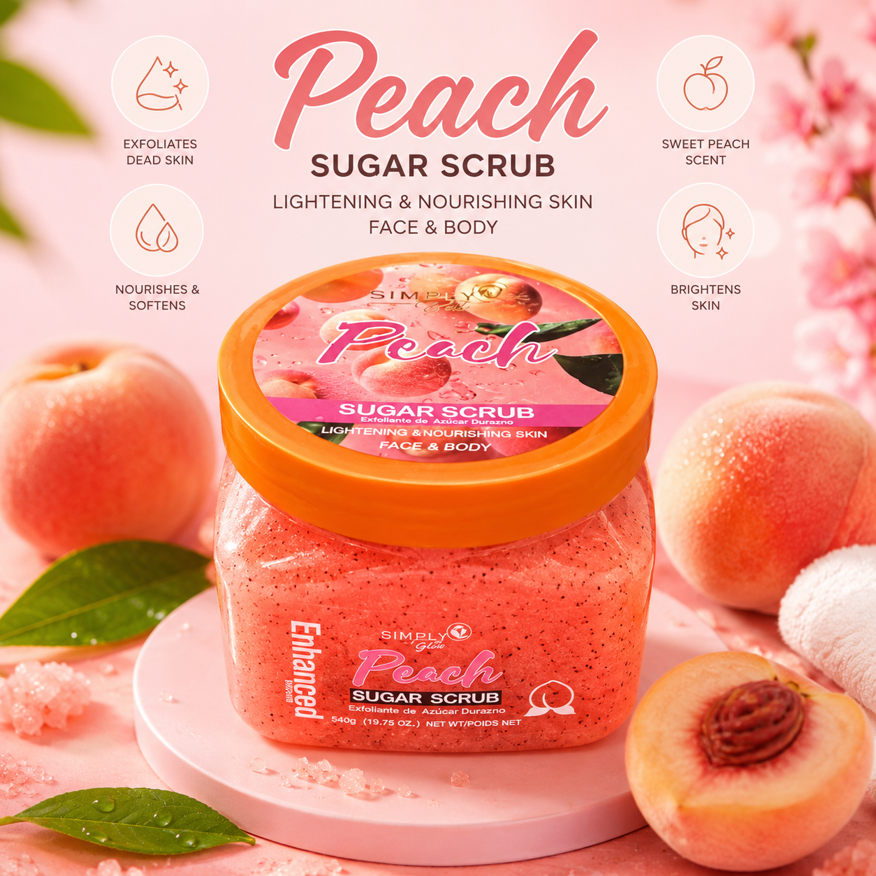 3PCS SIMPLY BELLA PEACH SHEA SUGAR SCRUB SIB1037