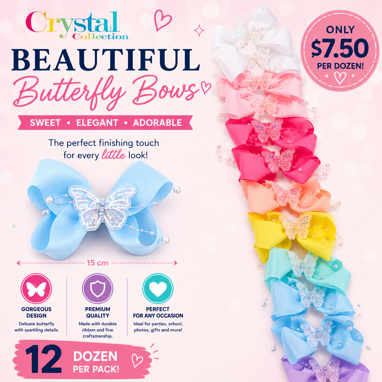 12PCS PACK COLORED BUTTERFLY HAIR BOWS  MKC-5059
