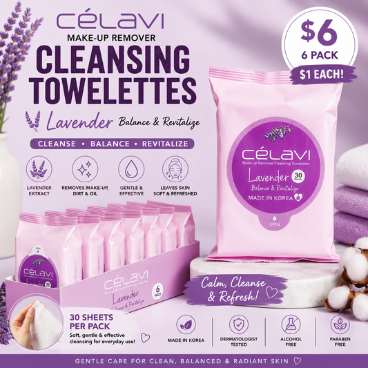 6PCS DISPLAY CELAVI LAVENDER MAKE-UP REMOVER CLEANSING TOWELETTES MT019