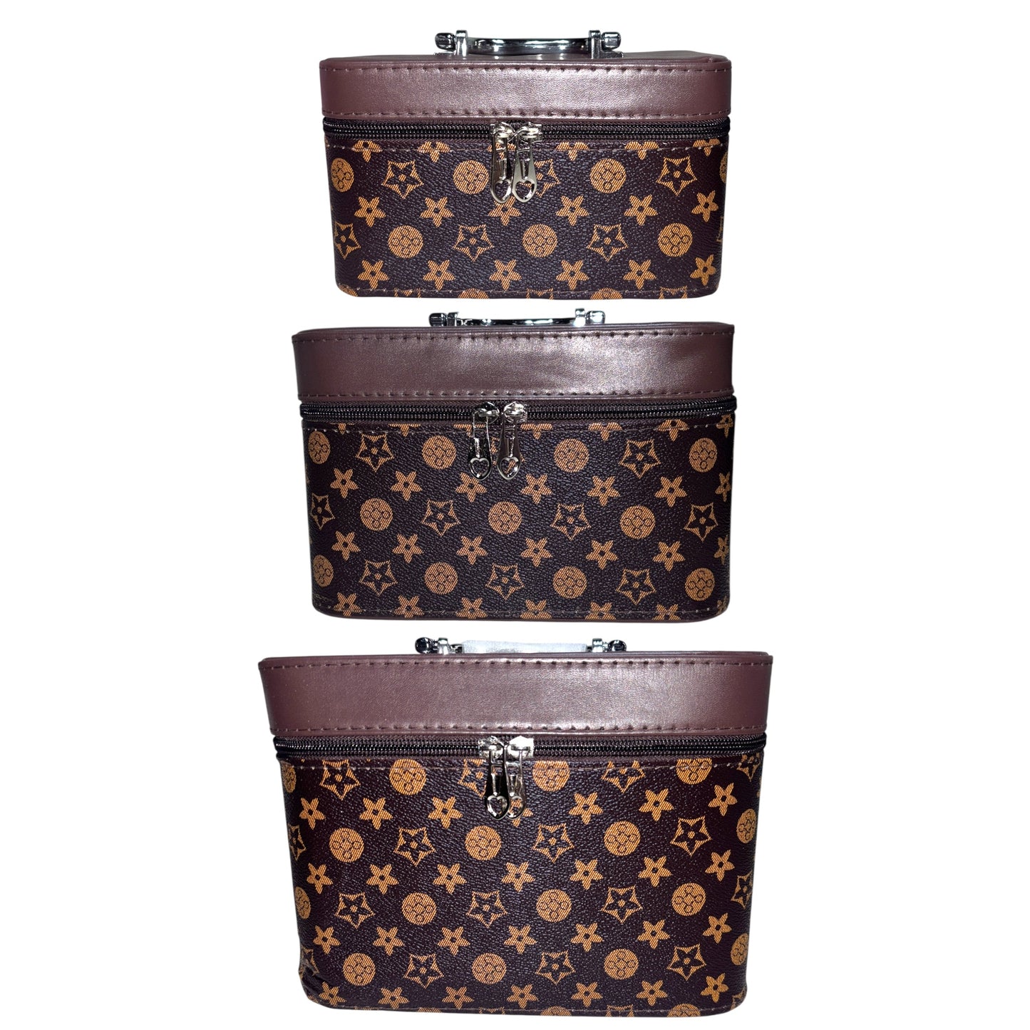 BROWN STARS AND CIRCLES 3PCS CARRY ON MAKEUP BOX