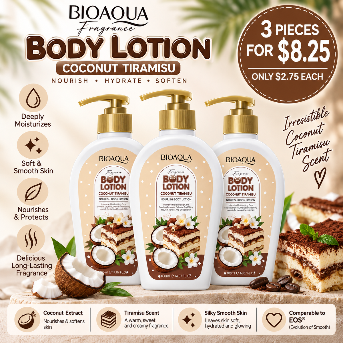 3PCS BIOAQUA COCONUT TIRAMISU BODY LOTION