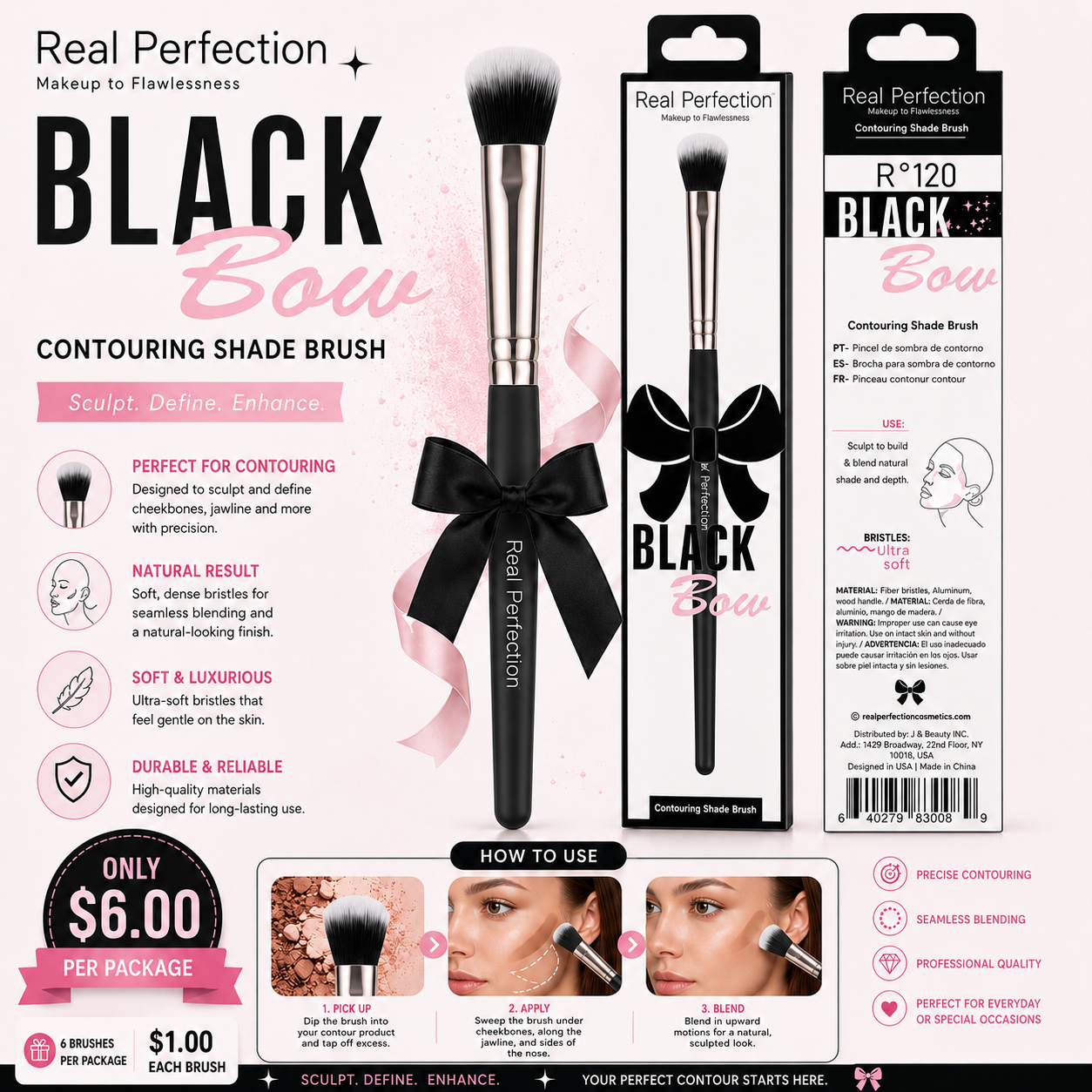 6PCS PACK REAL PERFECTION BLACK BOW CONTOURING SHADE BRUSH R-120