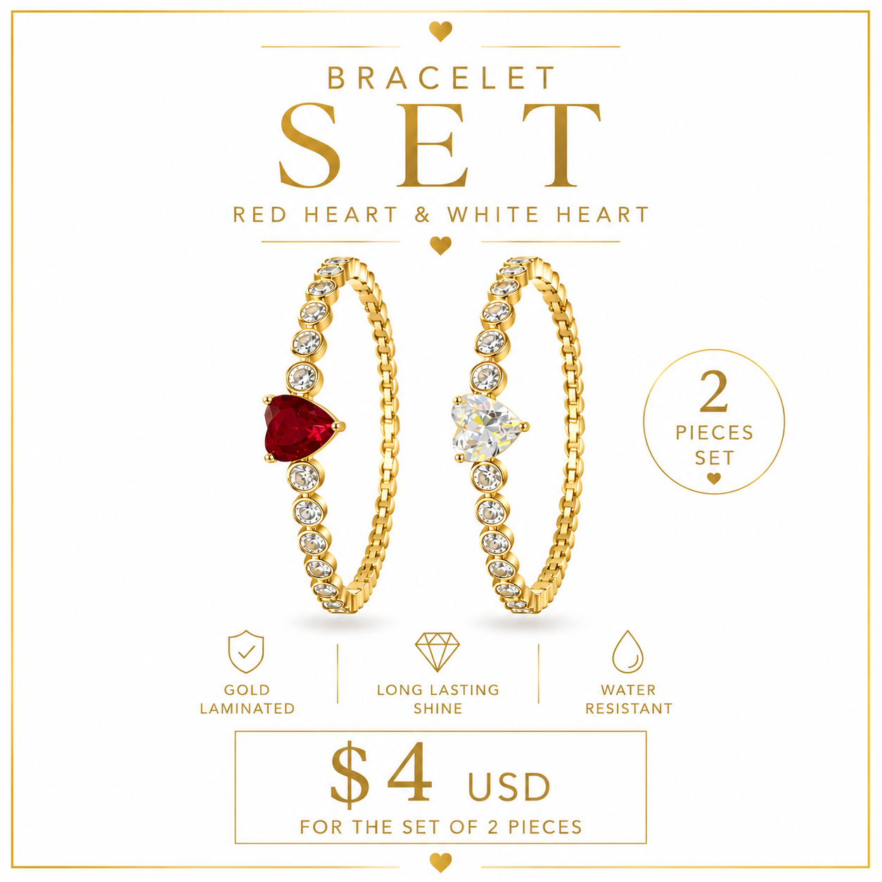 2PCS ORO LAMINADO ADJUSTABLE RED & WHITE HEART BRACELET