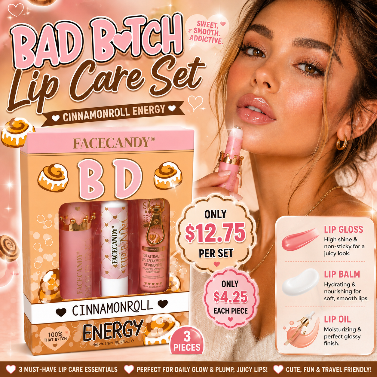 3PCS SET INSPO FACECANDY LIP CARE SET BAD B💗TCH CINNAMON-ROLL B-005