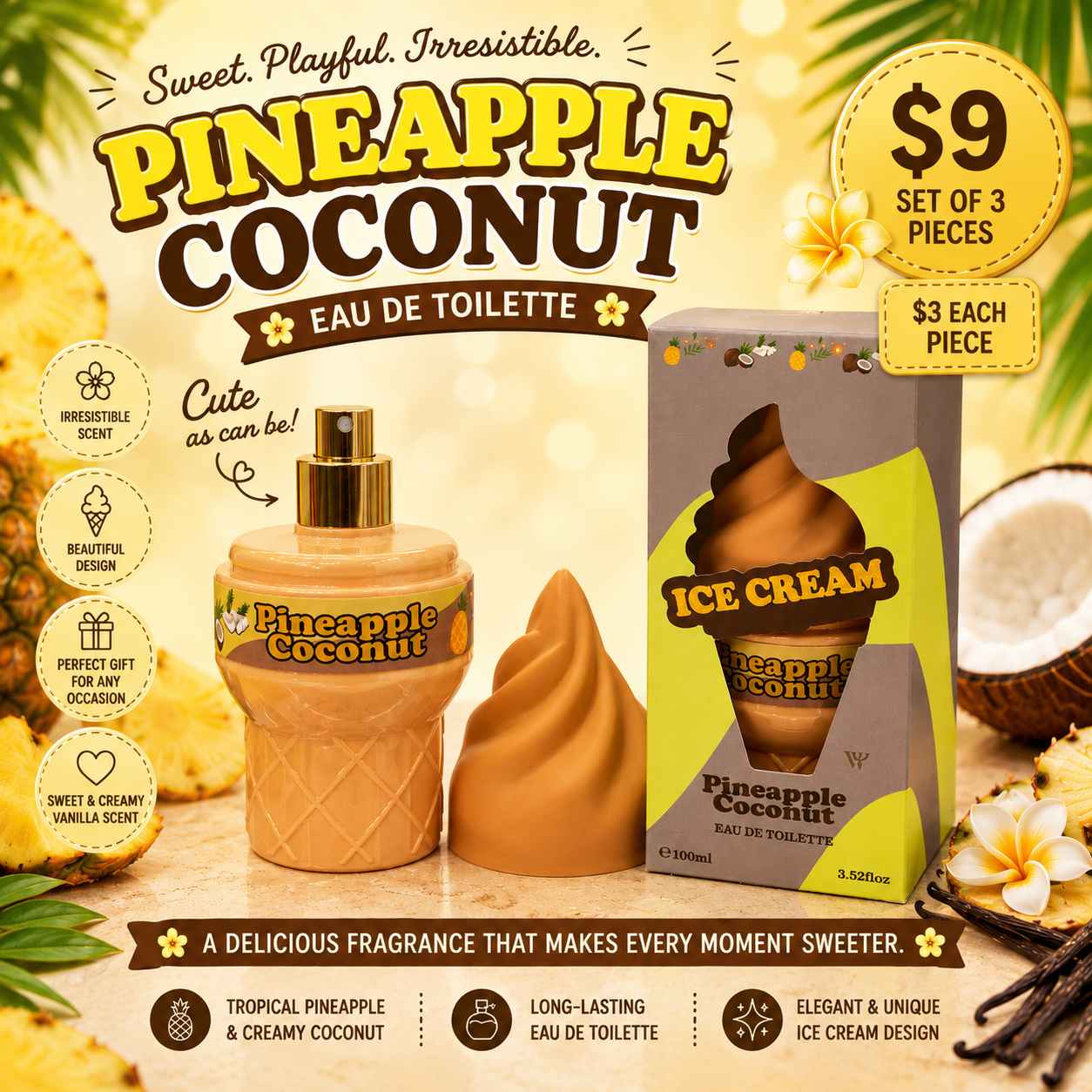 3PCS SET SCENTED ICE CREAM SHAPE PERFUME PINEAPPLE COCONUT IC103