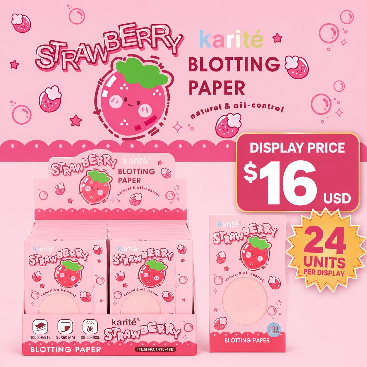 24PCS DISPLAY KARITE STRAWBERRY BLOTTING PAPERS 1416-47B
