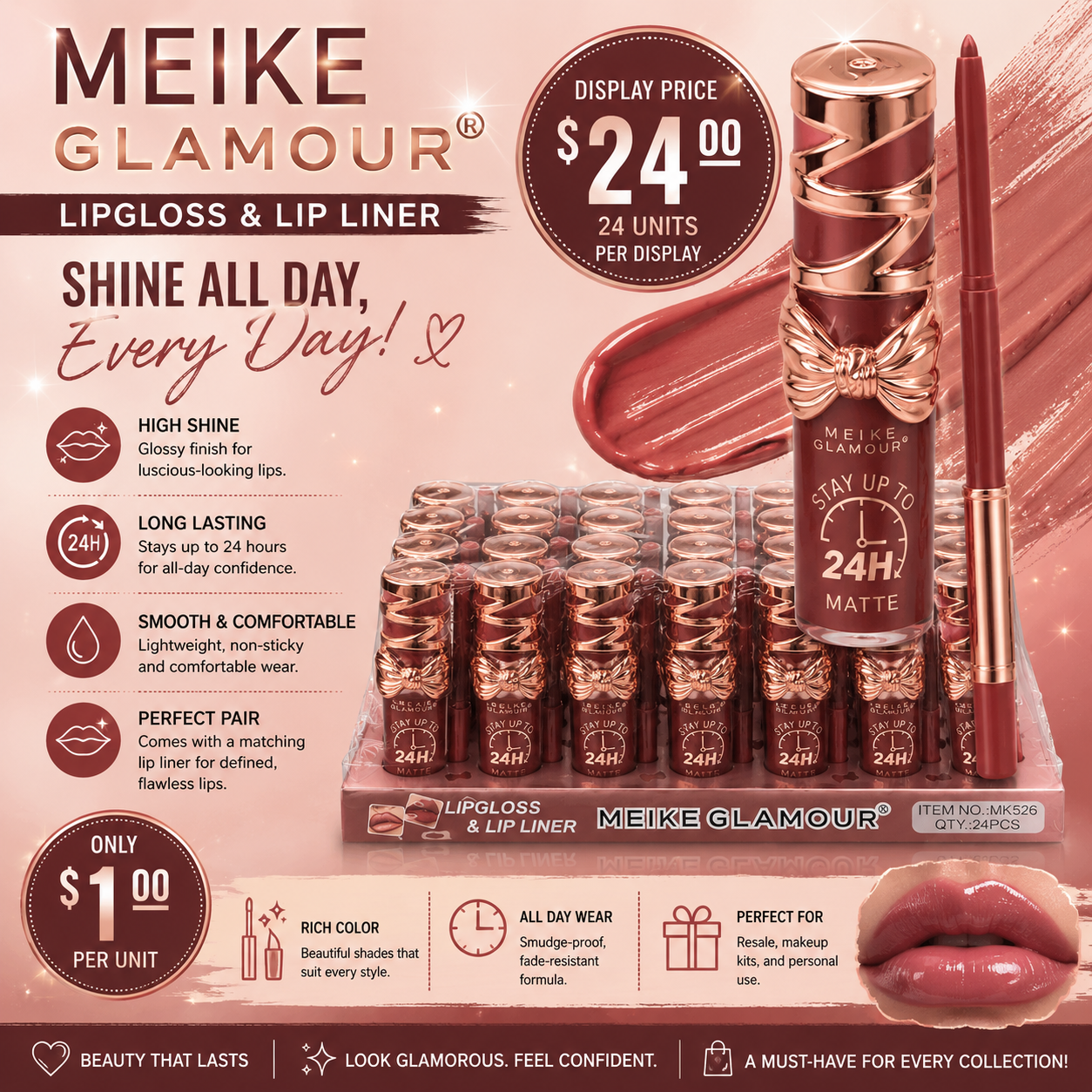 24PCS DISPLAY MEIKE GLAMOUR ALL DAY MATTE LIP GLOSS MK526