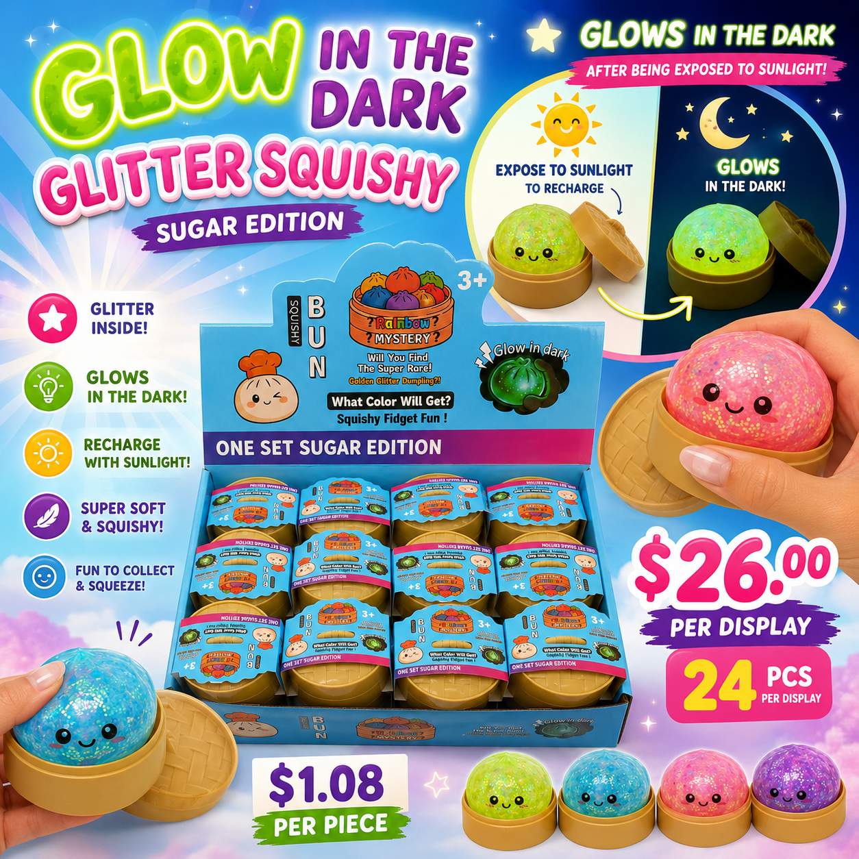 24PCS DISPLAY SQUEEZY GLOW IN THE DARK