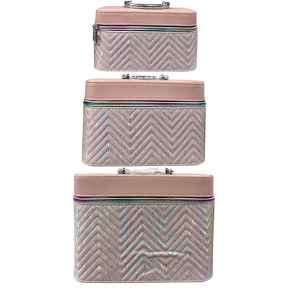 HALOGRAPHIC LIGHT PINK 3PCS CARRY MAKEUP BOX
