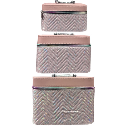 HALOGRAPHIC LIGHT PINK 3PCS CARRY MAKEUP BOX