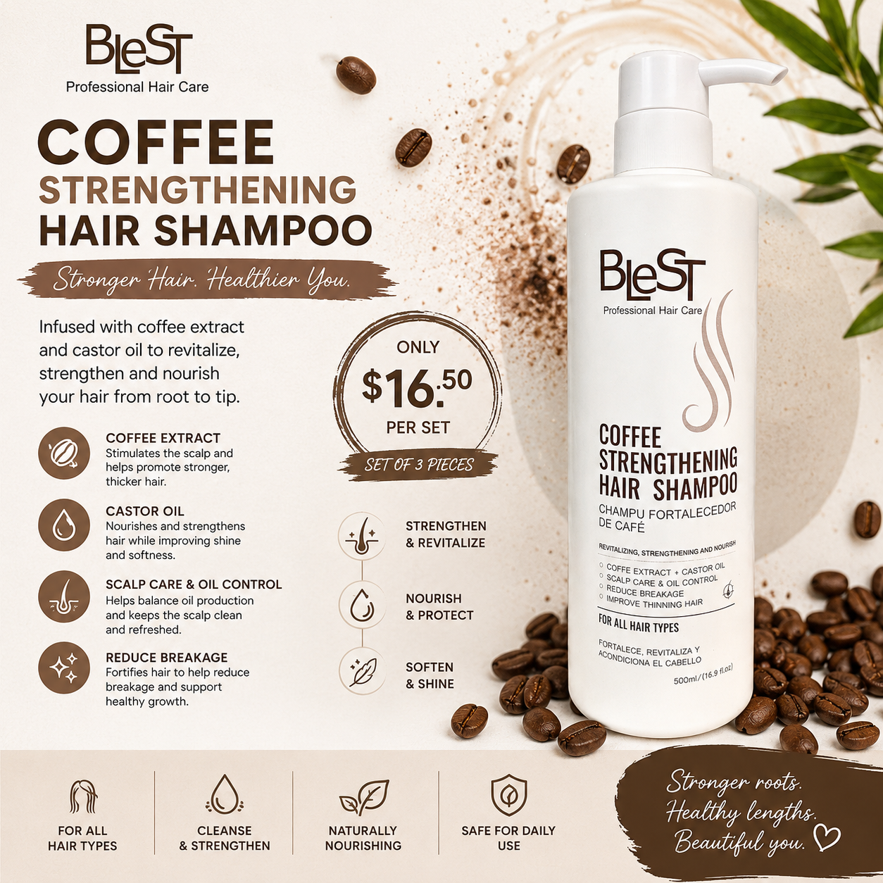 3PCS BLEST COFFEE STRENGTHENING HAIR SHAMPOO HSC-713
