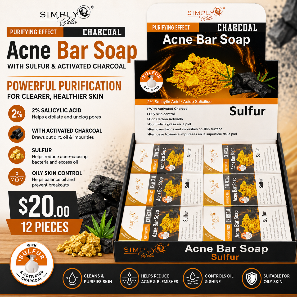 12PCS SIMPLY BELLA SULFUR PURIFYING EFFECT CHARCOAL ACNE BAR SOAP SIM078