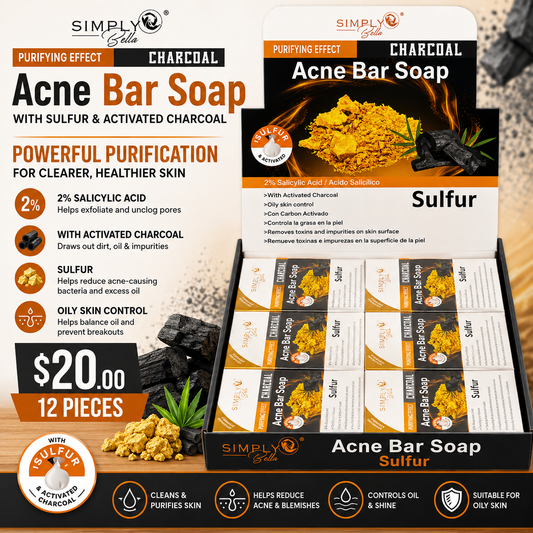12PCS SIMPLY BELLA SULFUR PURIFYING EFFECT CHARCOAL ACNE BAR SOAP SIM078