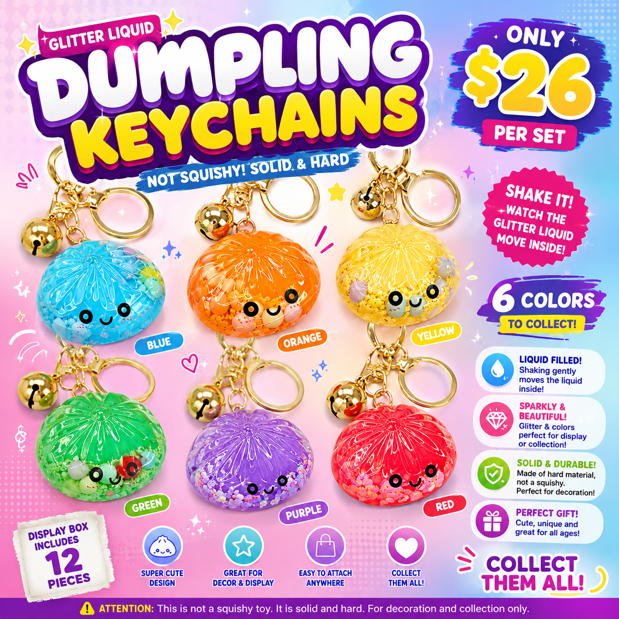 24PCS DISPLAY MYSTERY CRYSTAL WATER HARD SENSORY KEYCHAIN DUMPLING