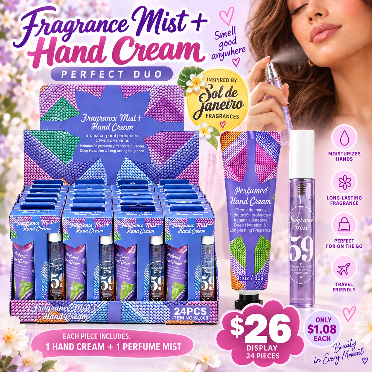 24PCS DISPLAY PURPLE 59  FRAGRANCE & HAND CREAM DUO SET SL008