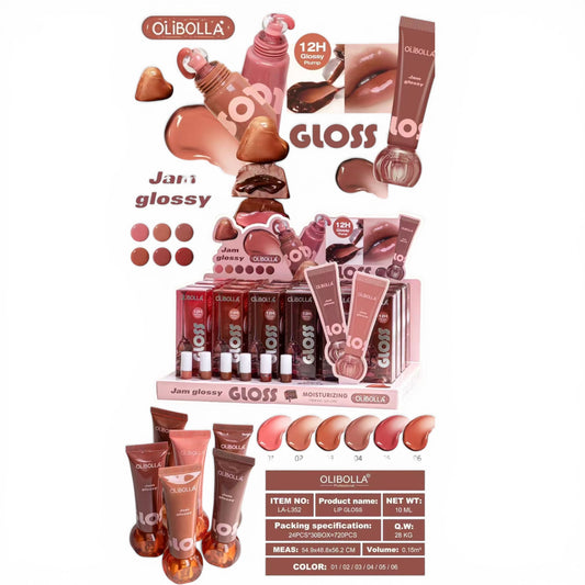 24PCS DISPLAY OLIBOLLA MOISTURIZING JAM GLOSSY GLOSS LA - L352