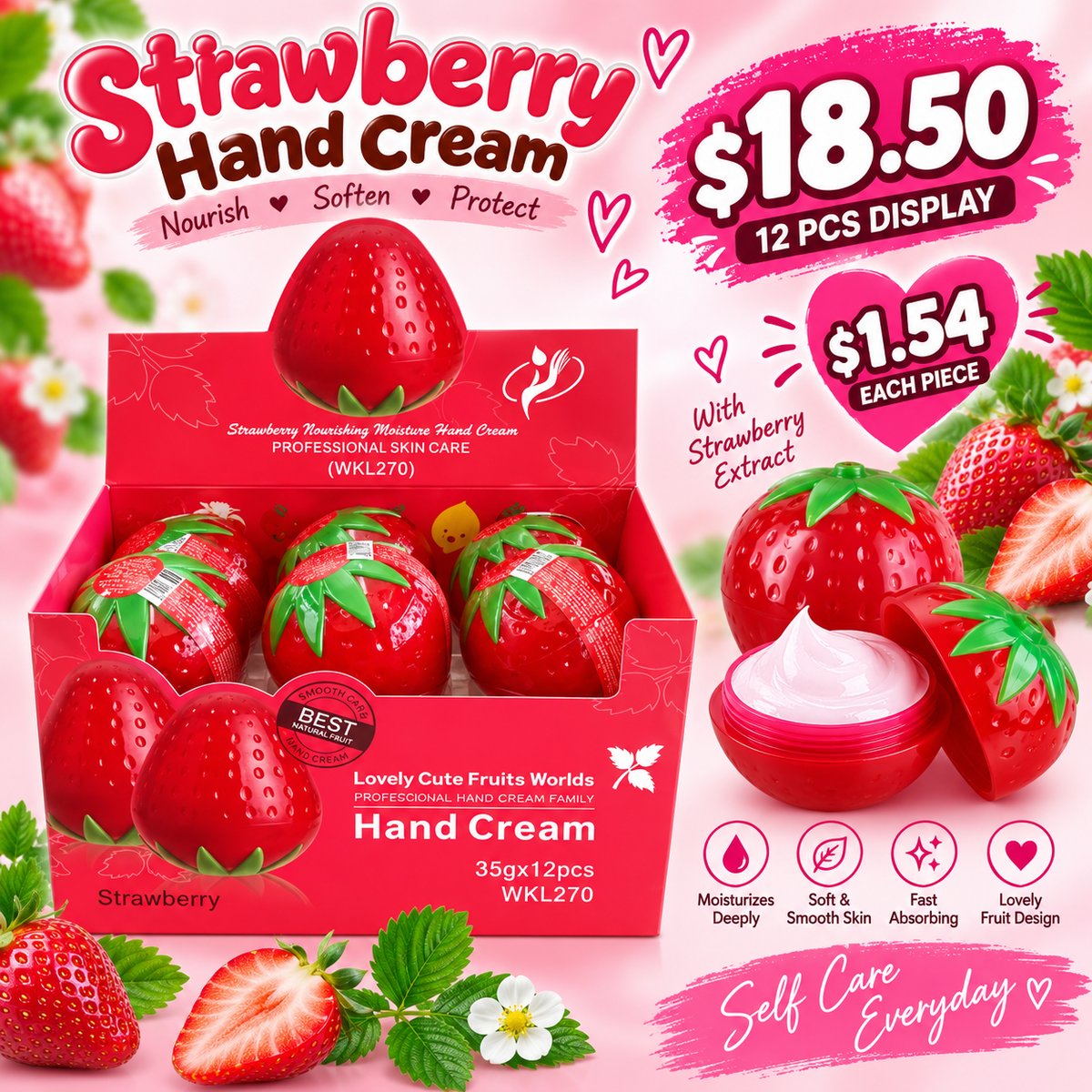 12PCS DISPLAY STRAWBERRY FRUIT FIGURE HAND CREAM WKL270