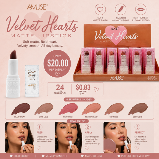 24PCS DISPLAY AMUSE VELVET HEARTS MATTE LIPSTICK LIP7342