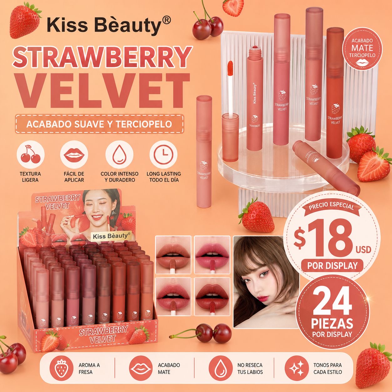 24PCS KISS BEAUTY STRAWBERRY VELVET MATTE LIPSTICK 70282-03