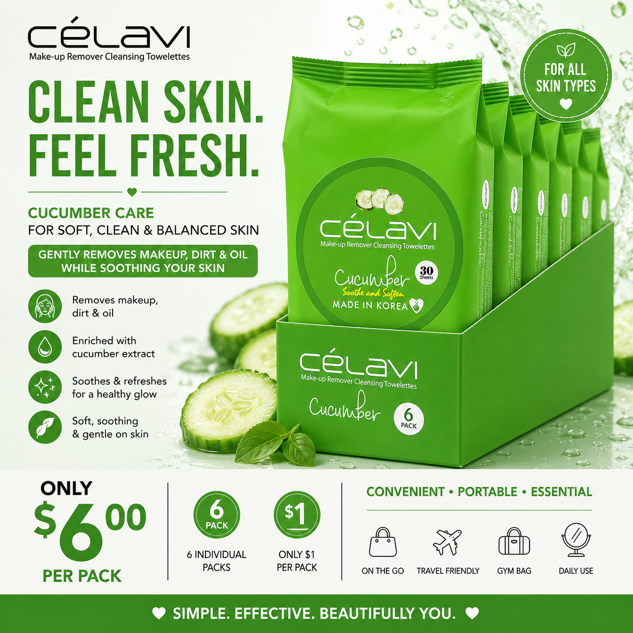 6PCS CELAVI CUCUMBER MAKE-UP REMOVER CLEANSING TOWELETTES MT004 (Copy)