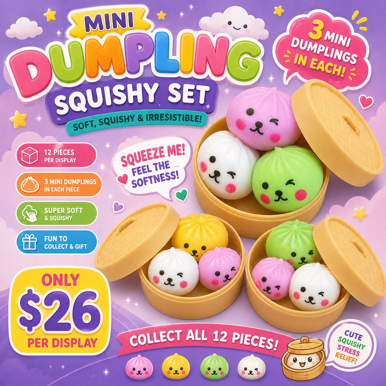 12PCS DISPLAY MYSTERY MINI COLORED DUMPLING