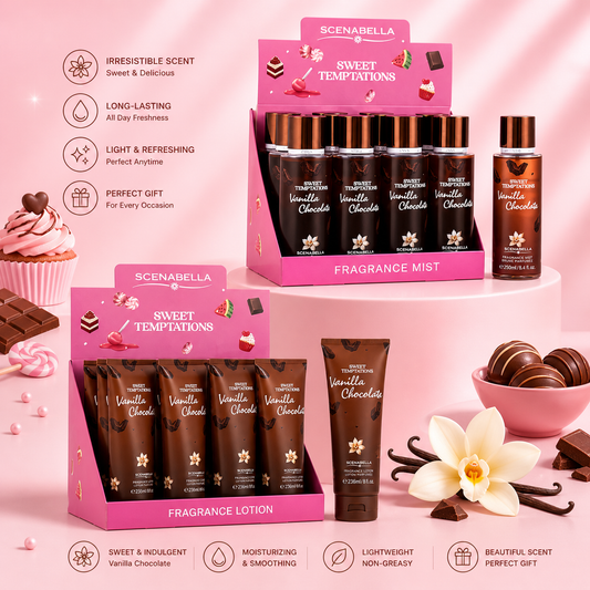 2 DISPLAYS 12PCS EACH 1 SPRAY 1 CREAM SCENA BELLA SWEET TEMPTATION VANILLA CHOCOLATE BODY MIST & BODY LOTION
