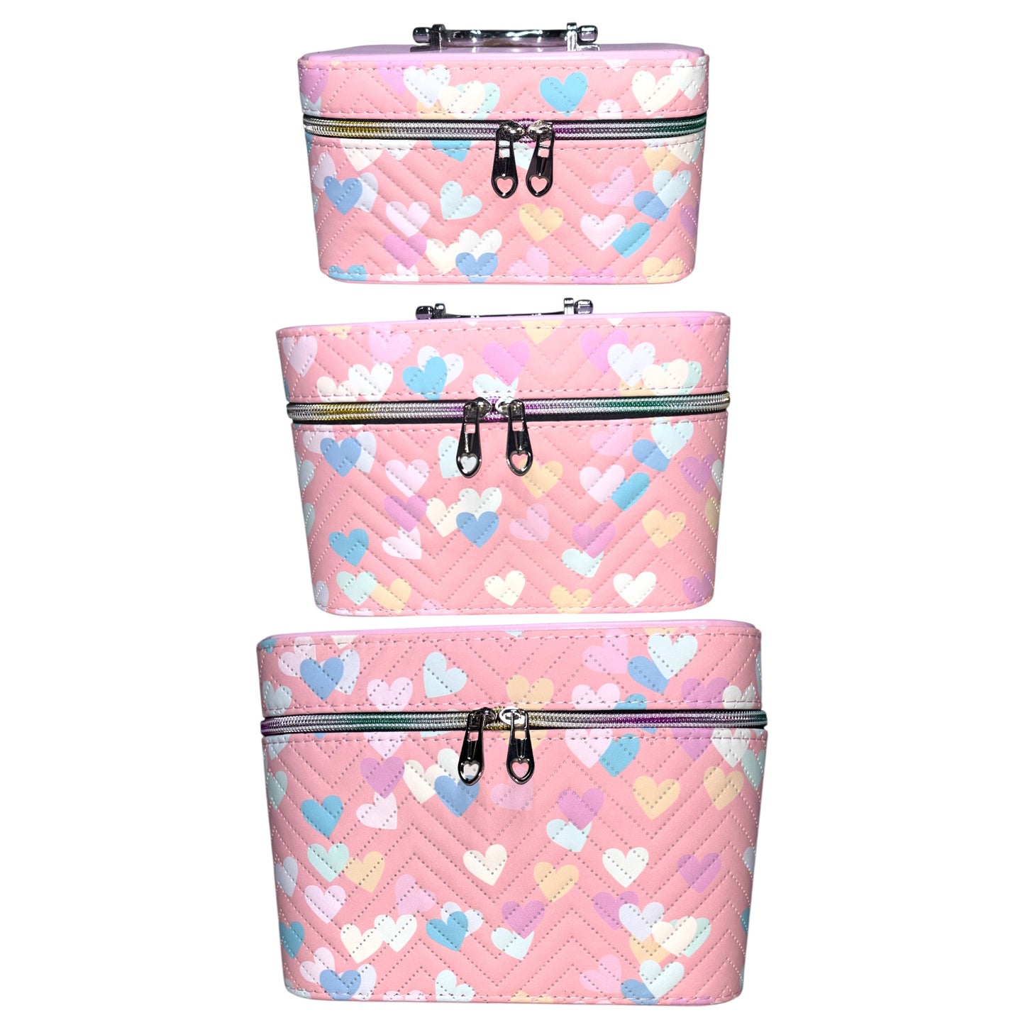 PINK HEARTED 3PCS CARRY ON MAKEUP BOX