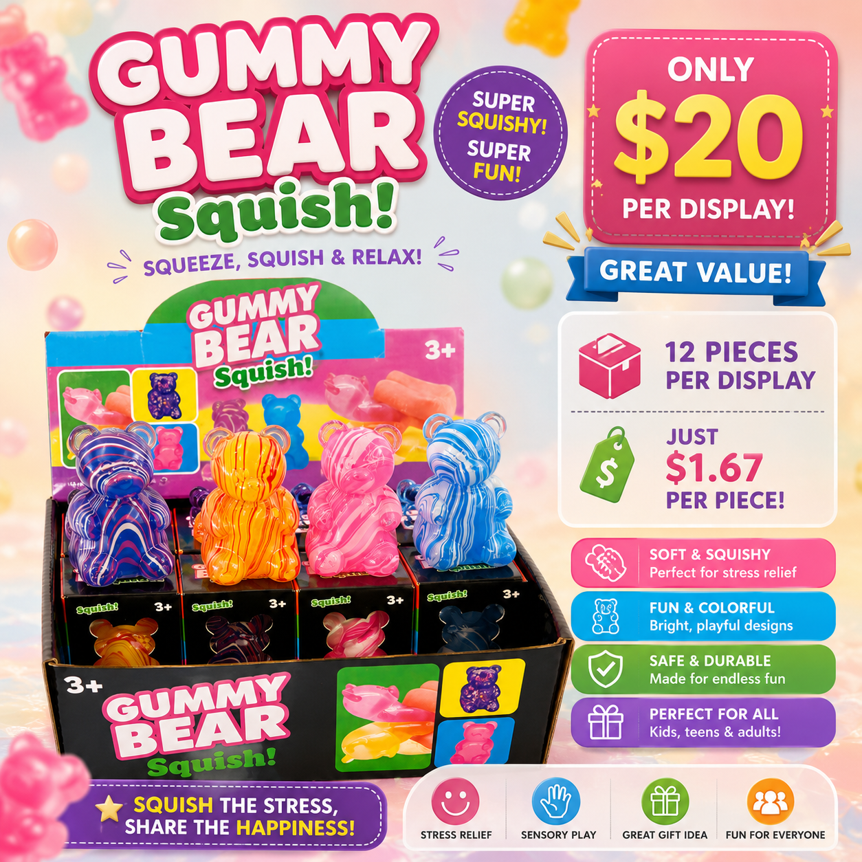 12PCS DISPLAY MAGIC SWIRL BEAR  SQUISHY