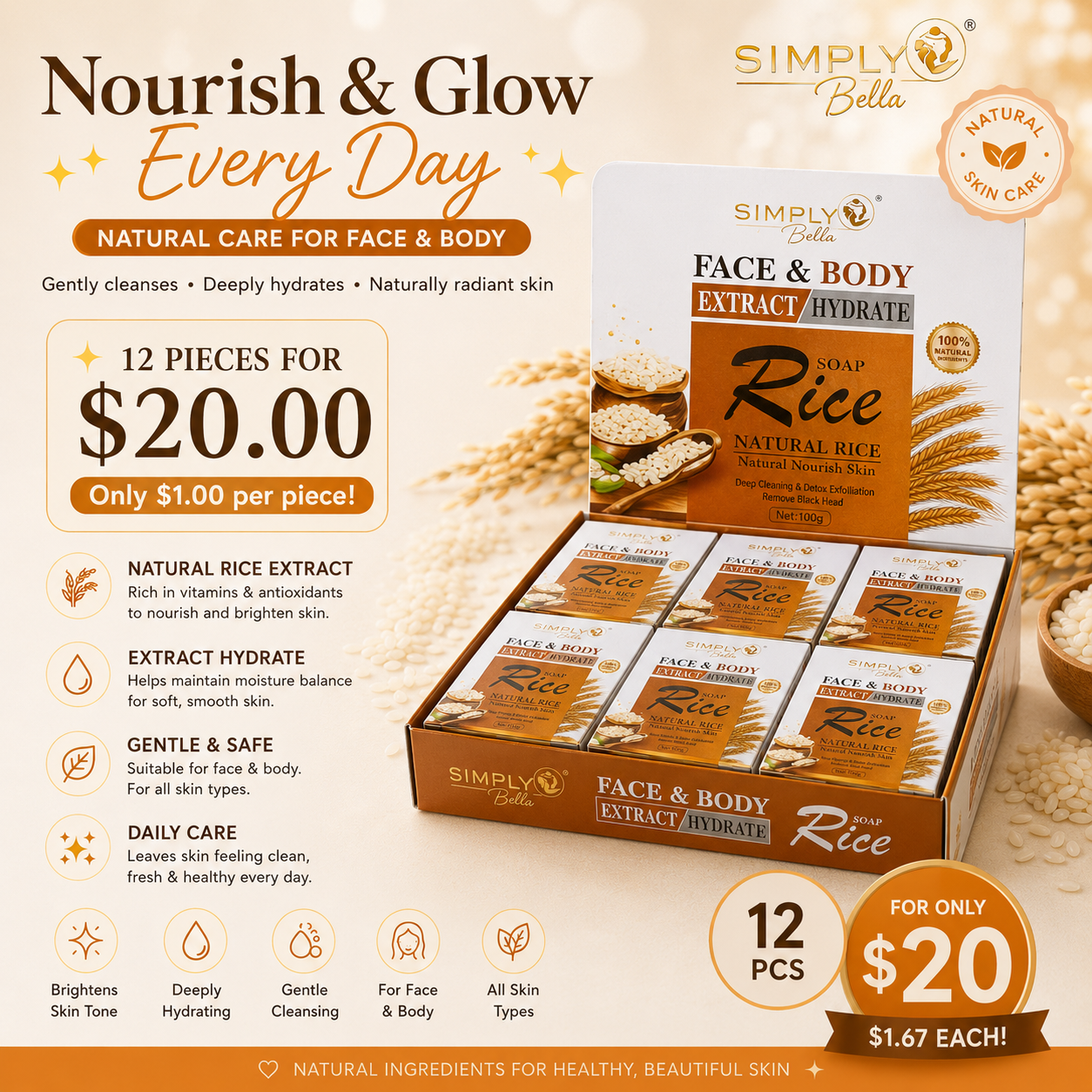 12PCS SIMPLY BELLA EXTRACT & HYDRATION RICE SOAP SIM003
