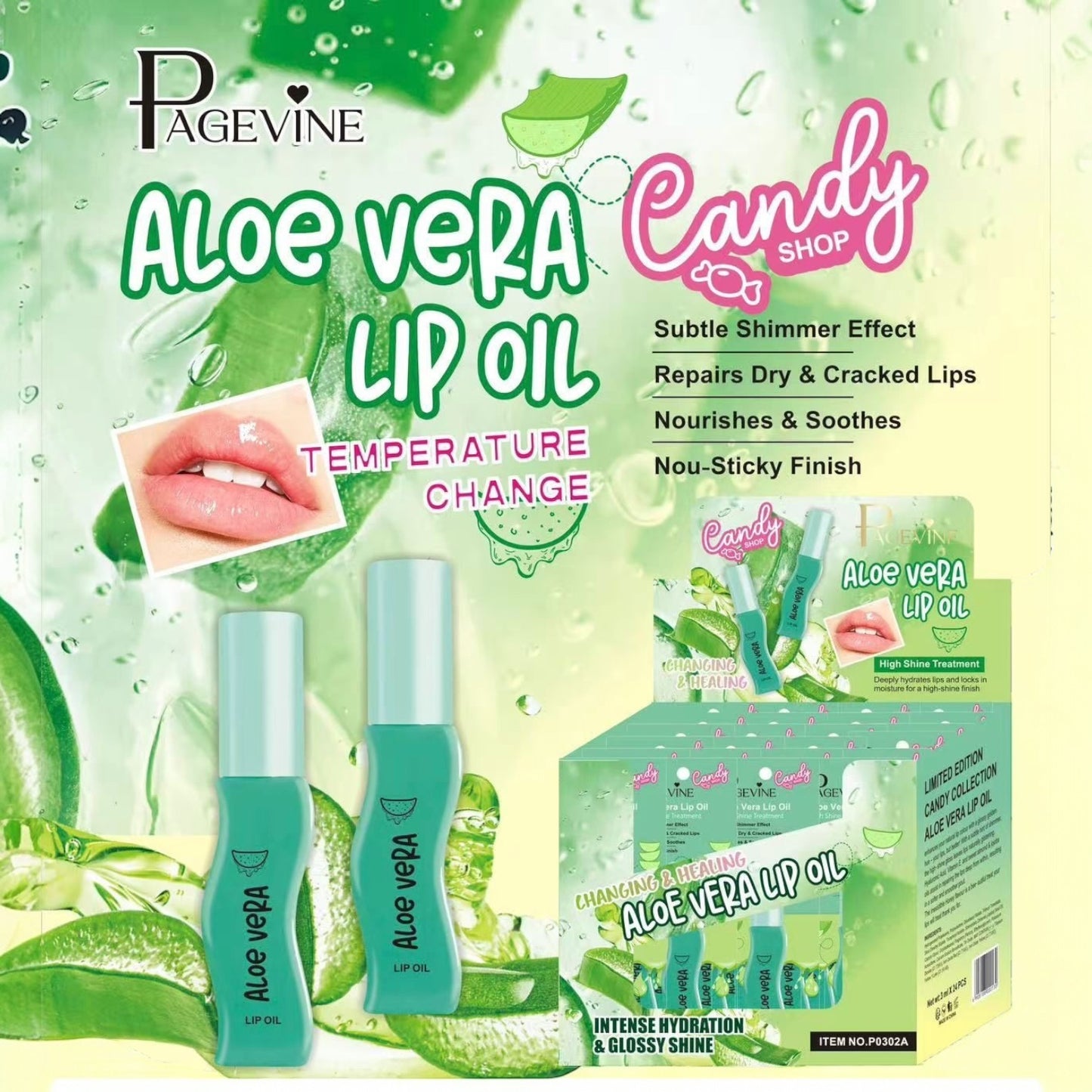 PAGEVINE ALOE VERA LIP OIL 24 PCS DISPLAY
