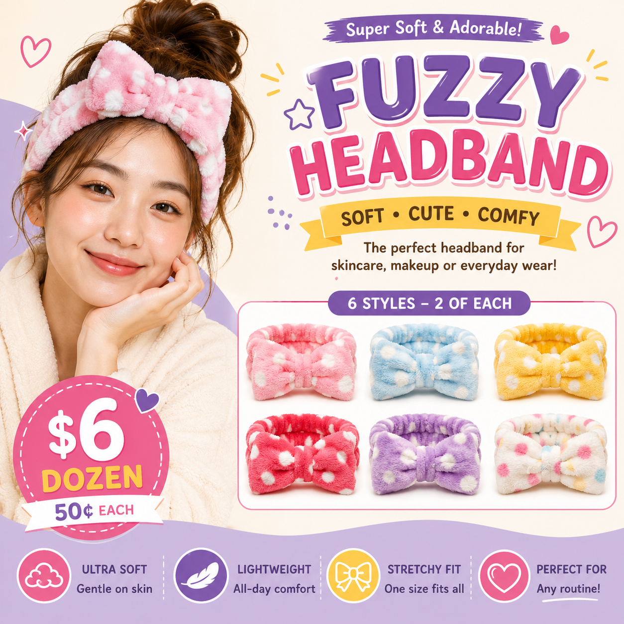 12PCS PACK FLUFFY DOTS  HEADBAND MHB3