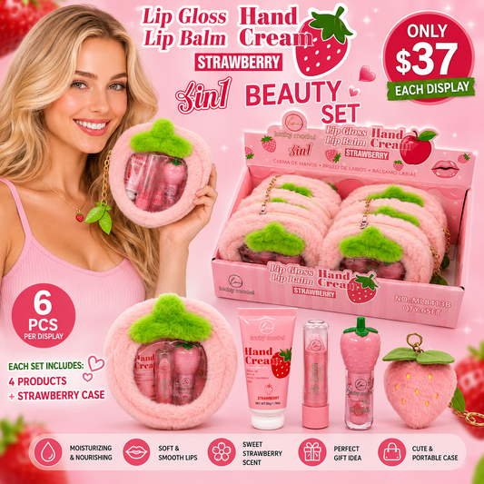 6PCS DISPLAY LUCKY MODEL STRAWBERRY LIP CARE & HAND LOTION SET + FUZZY PURSE 8413B
