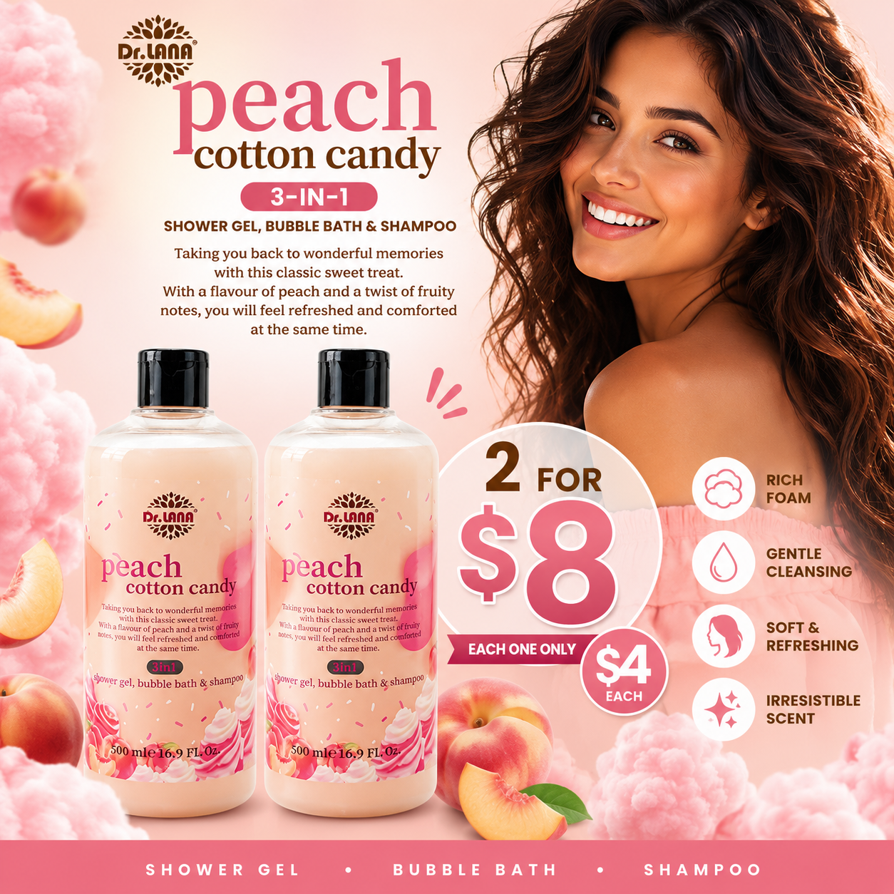 2PCS DR. LANA SHAMPOO 3 IN 1 PEACH COTTON CANDY 6632
