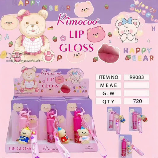 12PCS DISPLAY RIMOCOO HAPPY BEAR LIP GLOSS WITH KEYCHAIN R9083