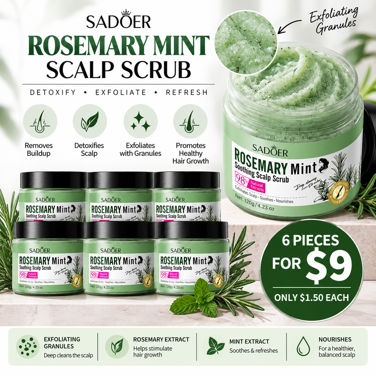 6PCS SADOER ROSEMARY MINT SCALP SCRUB SD03571