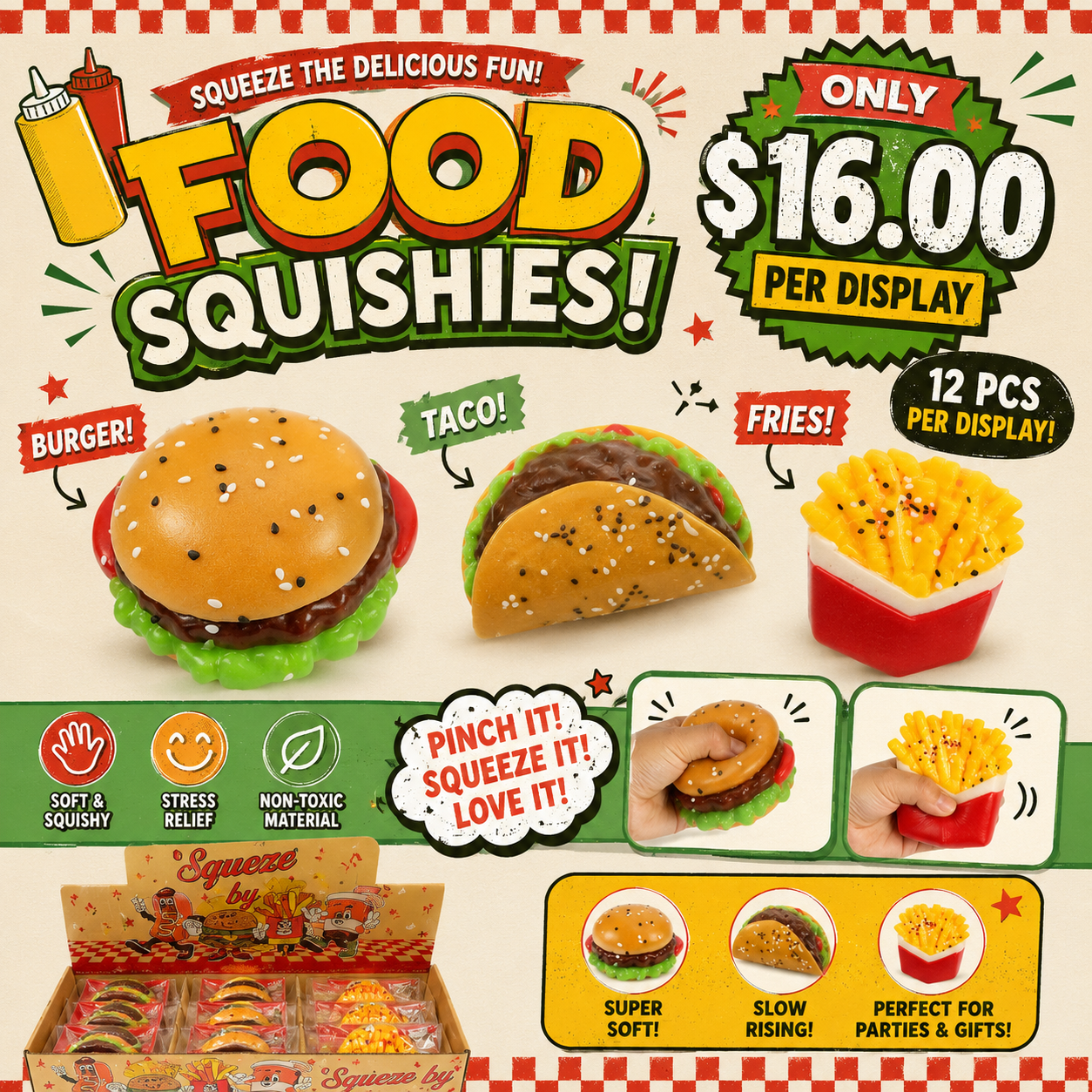 12PCS DISPLAY SQUEEZE YUMMY FASTFOOD TOYS T114