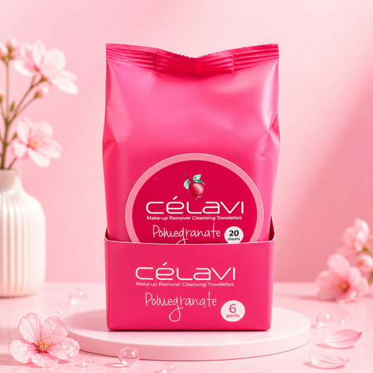 6PCS DISPLAY CELAVI POMEGRANATE MAKE-UP REMOVER CLEANSING TOWELETTES MT005