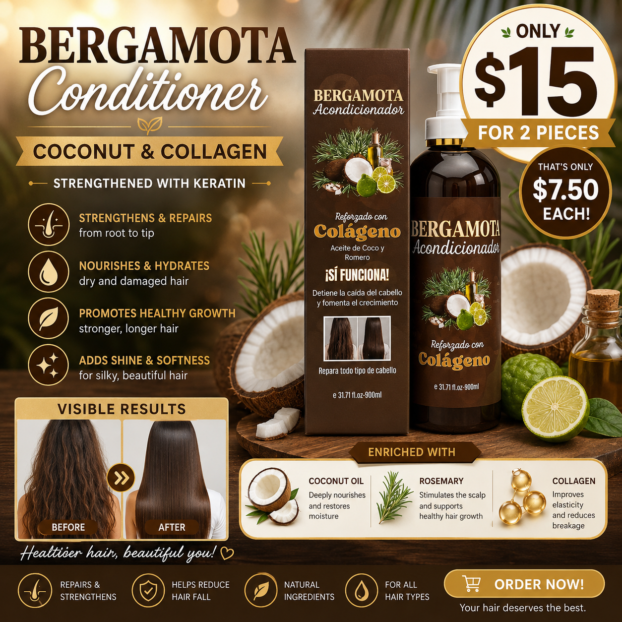 2PCS ACONDICIONADOR BERGAMOTA REFORZADO CON COLÁGENO Y COCO BM-2002