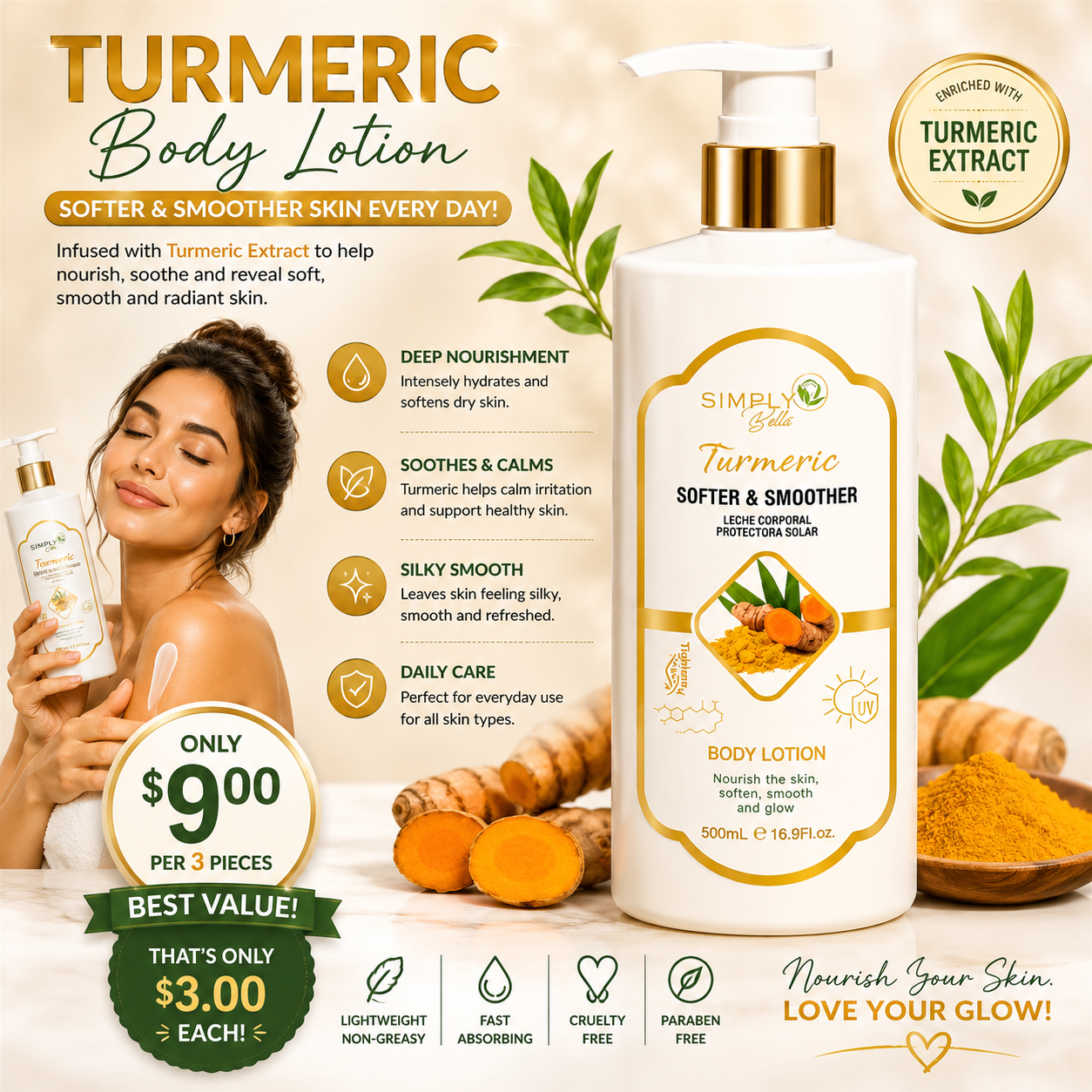 3PCS SIMPLY BELLA TURMERIC SOFTER & SMOOTHER BODY LOTION SIB1025