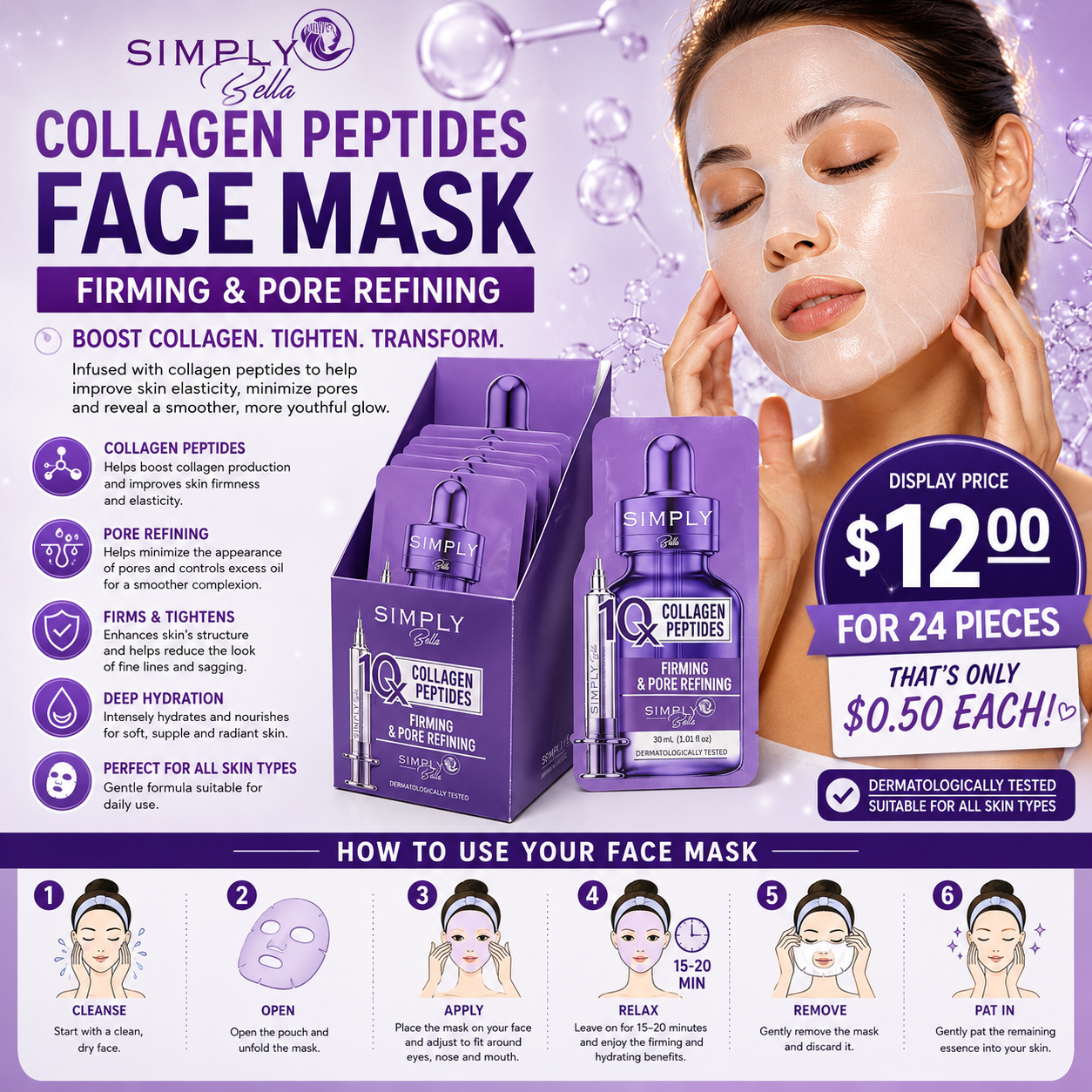 24PCS DISPLAY SIMPLY BELLA COLLAGEN PEPTIDES SHEET FACE MASK SIB1054