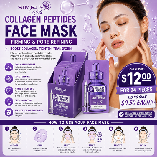 24PCS DISPLAY SIMPLY BELLA COLLAGEN PEPTIDES SHEET FACE MASK SIB1054