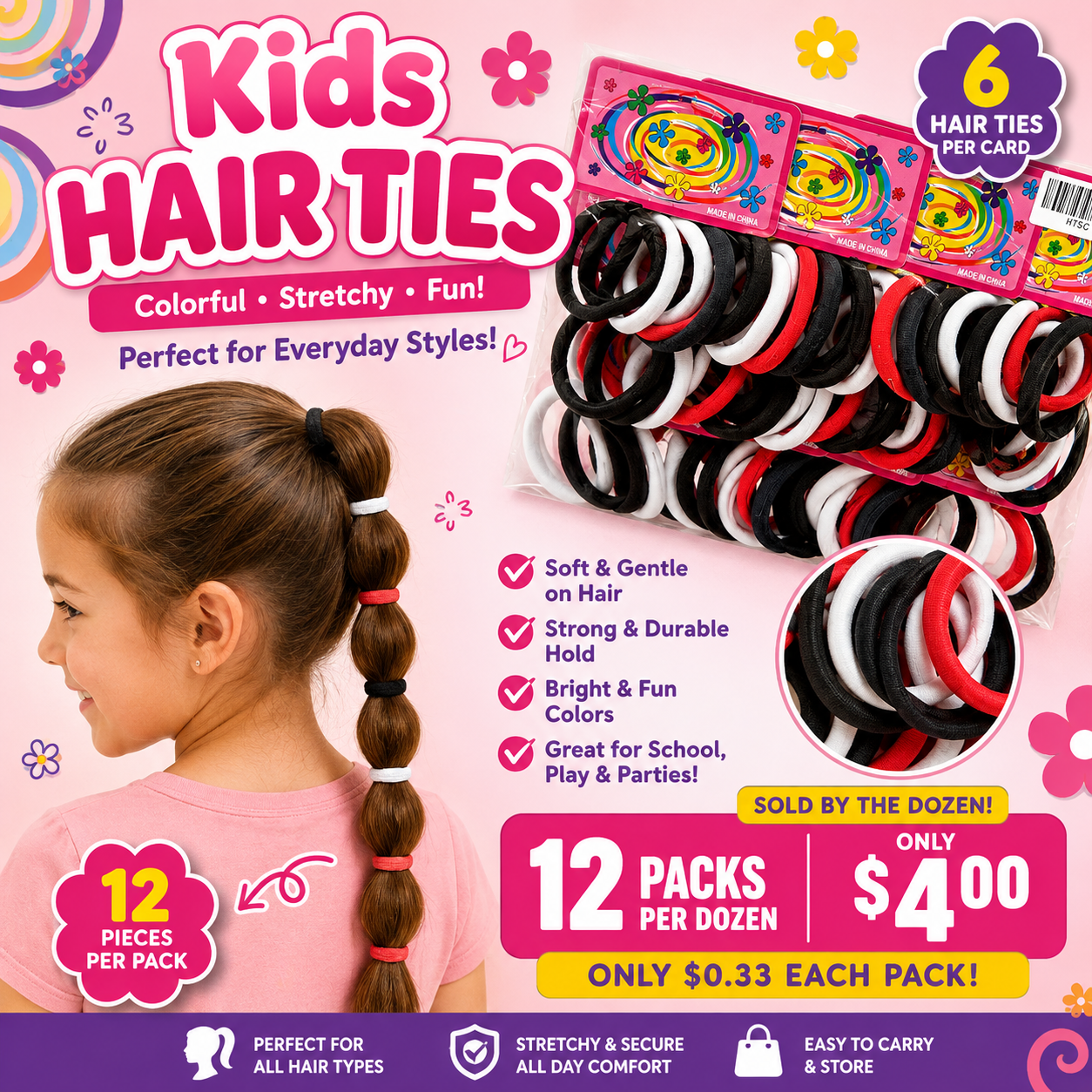 12PCS PACK HAIR TIES KIDS MULTICOLOR HTSC