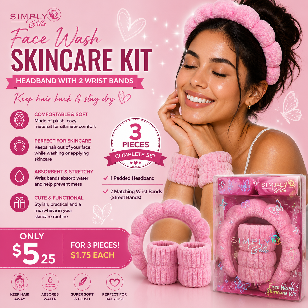 3PCS SIMPLY BELLA PINK  SPA HEADBAND + 2 WRISTBANDS STB010