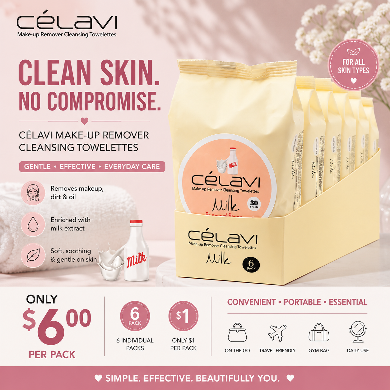6PCS DISPLAY CELAVI MILK MAKE-UP REMOVER CLEANSING TOWELETTES MT008