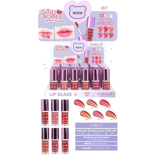 OLIBOLLA SHINY CRYSTAL BEAR GLITTER LIP GLAZE 24PCS DISPLAY LA-L218