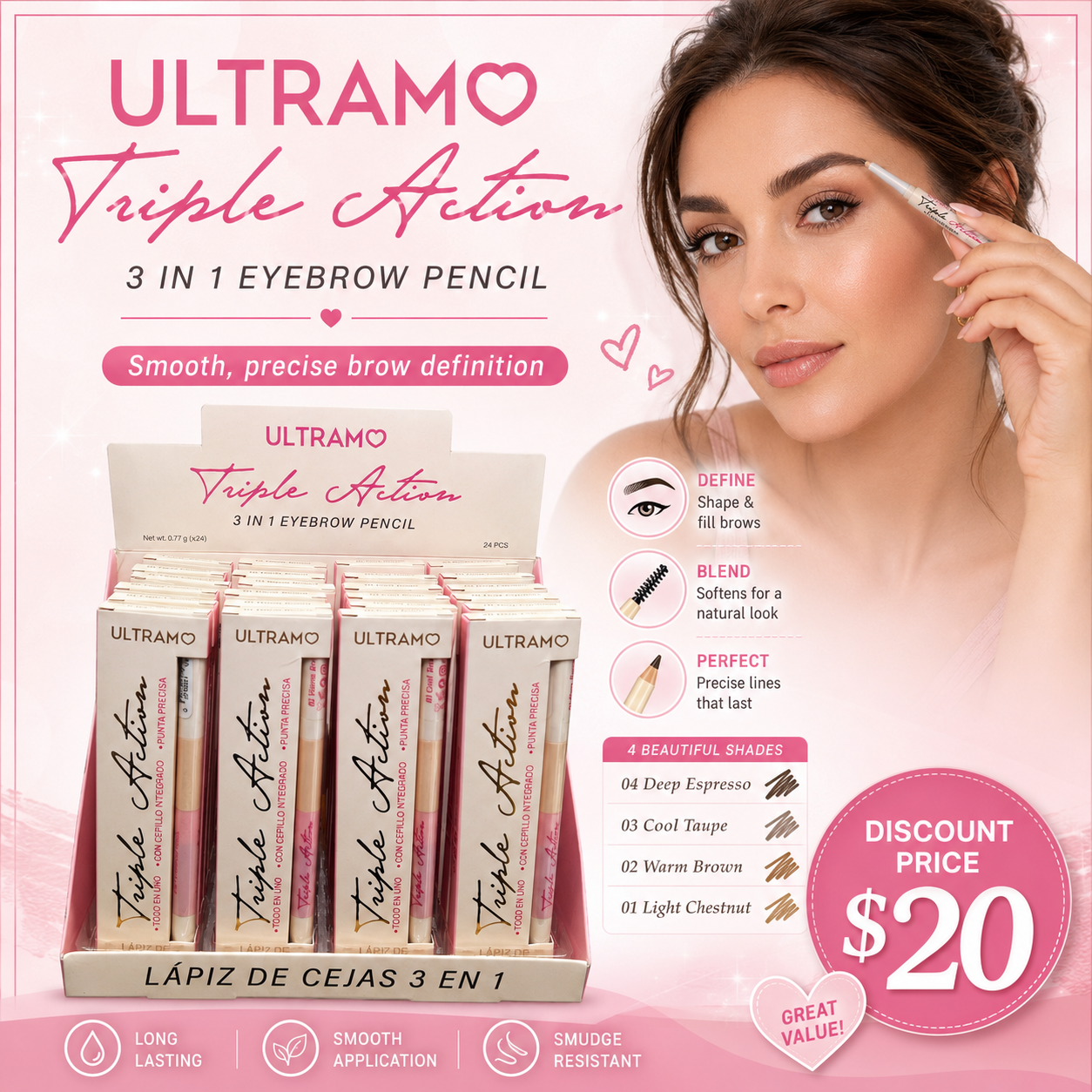 24PCS DISPLAY ULTRAMO TRIPLE ACTIONS 3 IN 1 EYEBROW PENCIL WP052
