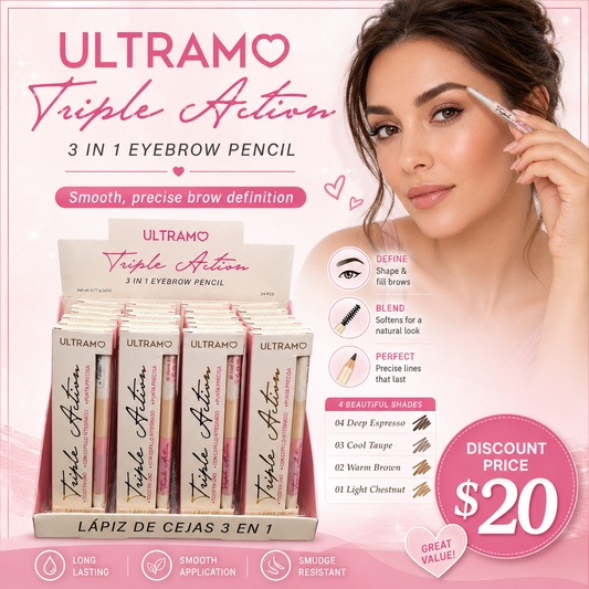 24PCS DISPLAY ULTRAMO TRIPLE ACTIONS 3 IN 1 EYEBROW PENCIL WP052