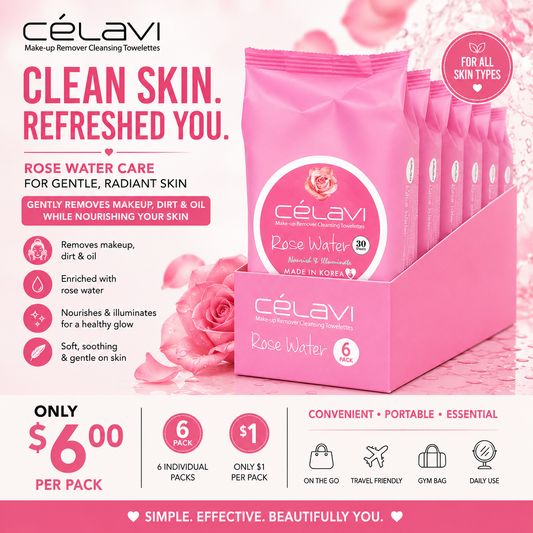 6PCS DISPLAY CELAVI ROSE WATER MAKE-UP REMOVER CLEANSING TOWELETTES MT021