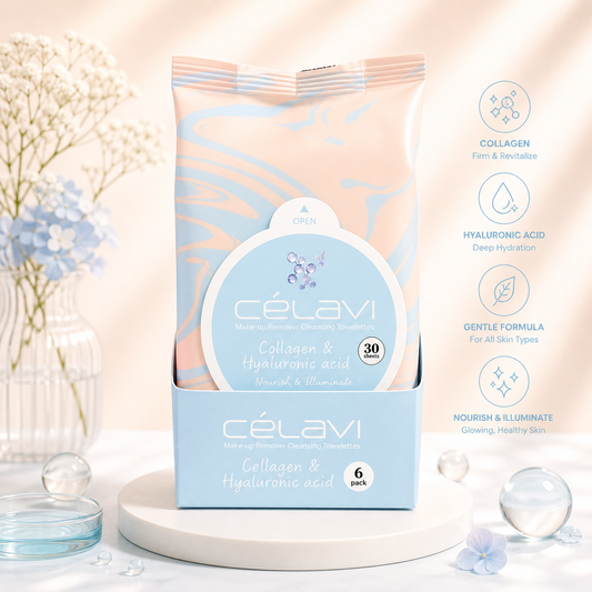 6PCS DISPLAY CELAVI COLLAGEN & HYALURONIC ACID MAKE-UP REMOVER CLEANSING TOWELETTES MT024