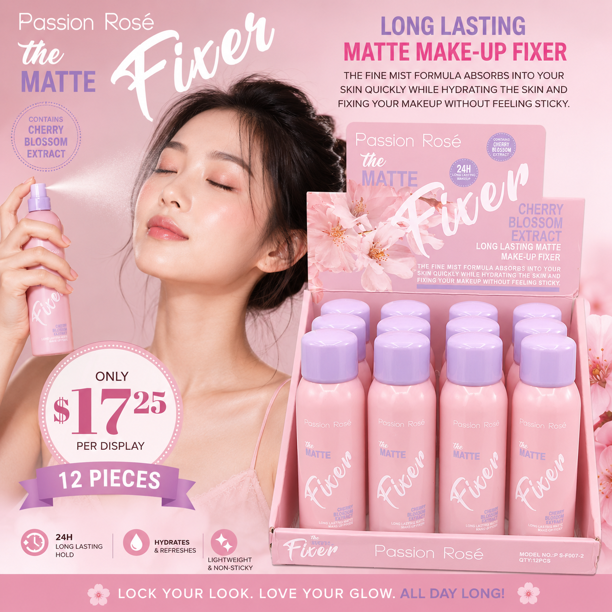 12PCS DISPLAY PASSION ROSE MAKE UP FIXER WITH CHERRY BLOSSOM EXTRACT F-007-2